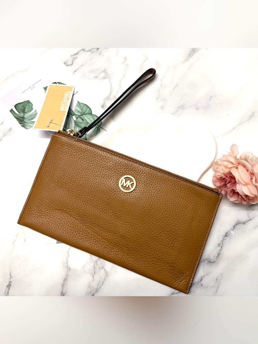 Michael Kors Pebbled Leather Wristlet Clutch with Gold Logo